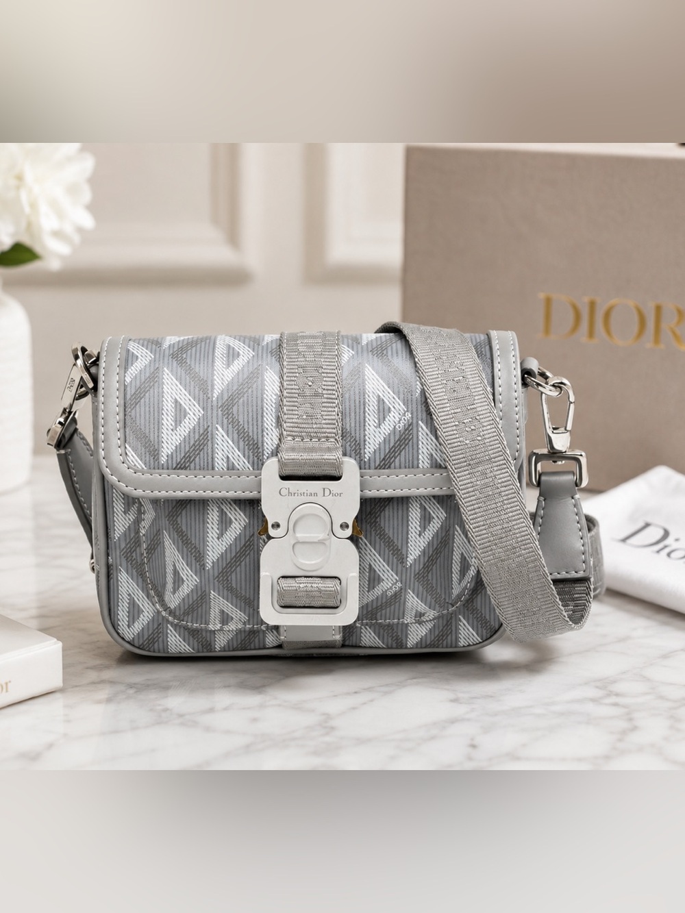 Authentic Dior Silver-Gray J'Adior Crossbody with Signature Buckle